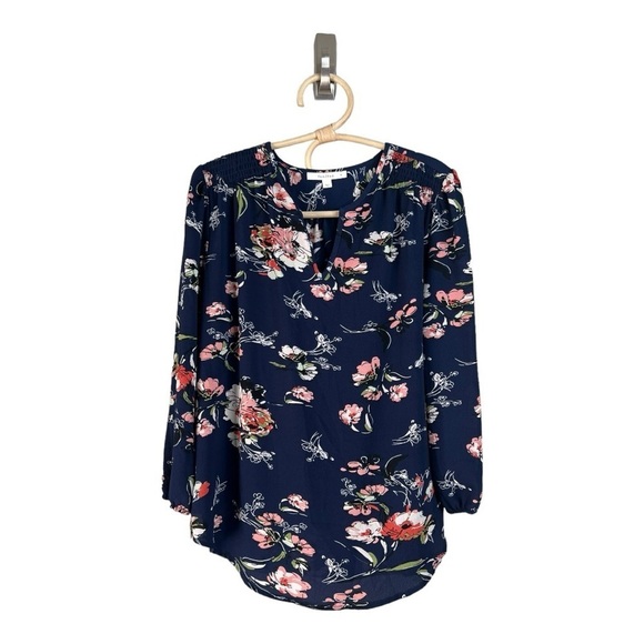 Navy Coral Floral Kenmore Splitneck Popover Blouse by Fun2Fun Stitchfix NWOT - Picture 4 of 16